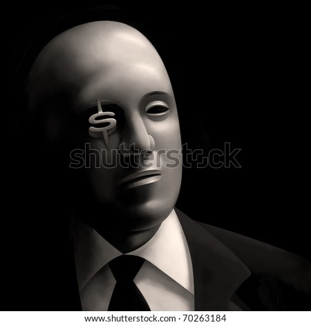 Serious Businessman with a Dollar Sign instead of his right Eye. Minimal Lighting in a black Background