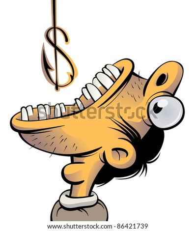 Man with wide opened mouth trying to swallow a fishing hook which looks like a dollar sign