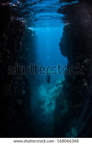 A diver descends in a large crevice eroded into an island in the Solomon Islands. This area is known for its extremely high marine biodiversity, traditional culture, and excellent scuba diving.