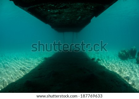 A floating dock casts a dark shadow on a sandy seafloor in the tropical Pacific Ocean. Docks and piers provide habitat for many shadow-loving marine species.