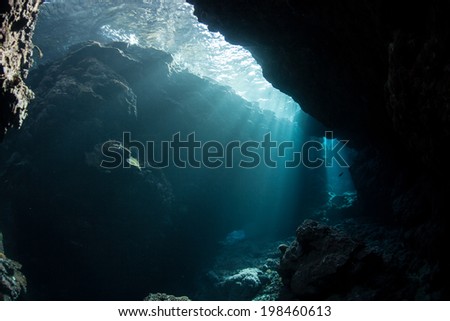 Brilliant sunlight penetrates a narrow crevice along the edge of a remote island in the Solomon Islands. This region is within the Coral Triangle and is known for its high marine habitat diversity.