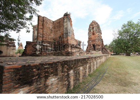 AYUTTHAYA-THAILAND- DECEMBER 16 : Ruins of the monastery, ruins of the old pagoda, ruins Buddha statue & area in The old temple on December 16, 2013, Ayutthaya Province, Thailand