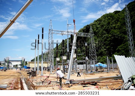 MAY 28, 2015 : KHANORM, THAILAND. Outdoor switchgear of Khanorm power plant under installation of it equipment, southern region of Thailand.