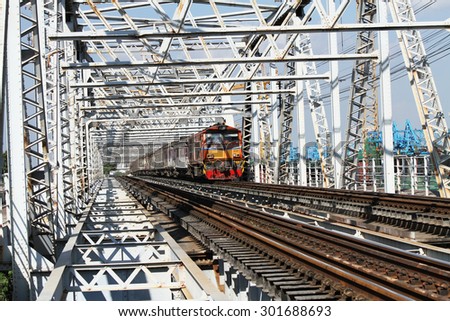 FEBRUARY 22, 2015 ; NONTHABURI - THAILAND : RAMA 6 Road- Train and steel railway to bridge across Chaophraya river.