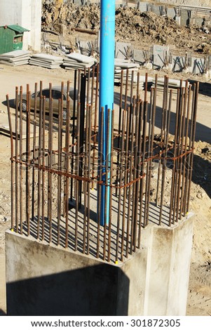 Detail construction foundation and supporting column work and reinforcement of concrete bridge under-construction.