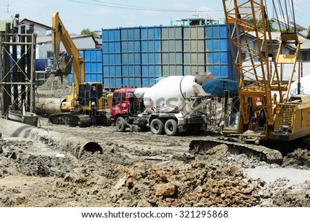 AUGUST 30, 2015 ; NONTHABURI - THAILAND : Concrete boring pile foundation under-construction in process with heavy equipment at Eletricity generating authority of Thailand, Nonthaburi province.