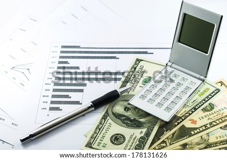 income and outcome statement report with calculator, pen and usd money for business