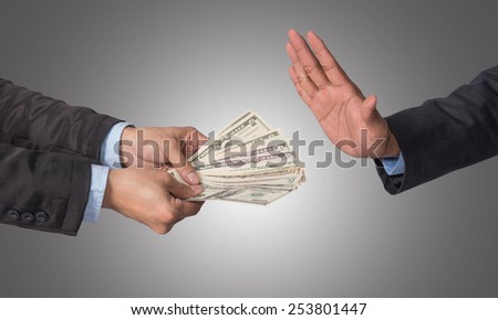 Businessman refusing the money offered by businessman on white background, no corruption