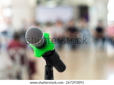 Close up of microphone in conference room on blurred background