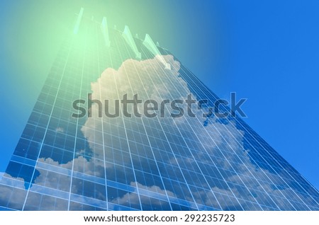 Modern business building of skyscrapers with cloud and sun, Business concept of architecture, blue color tone