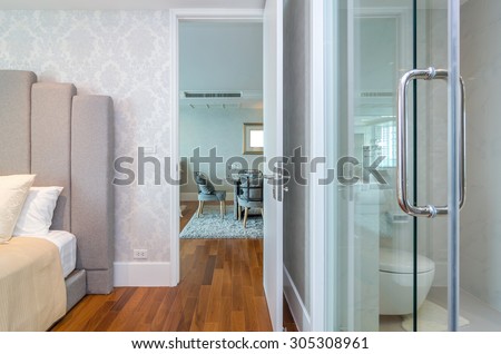 BANGKOK, THAILAND - APRIL 23 :  Luxury Interior bedroom which can see bathroom and living room of My resort as river condominium beside the chao phraya river on April 23, 2015 in Bangkok, Thailand