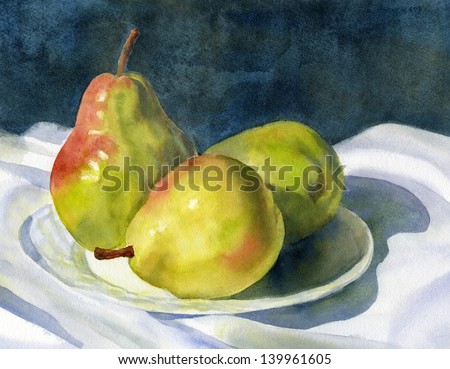 Three Green Pears. Watercolor painting of three green pears on a plate.