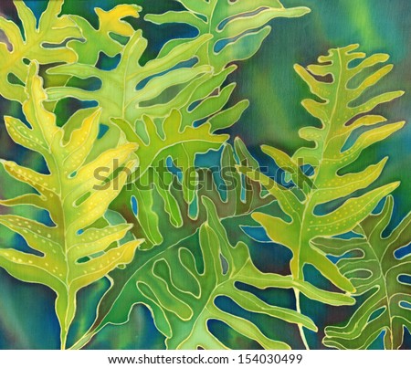 Tropical Leaves Silk Design 1.  Painting on silk fabric with inks and dyes.  Tropical leaf design with yellow, green, and blue green colors.