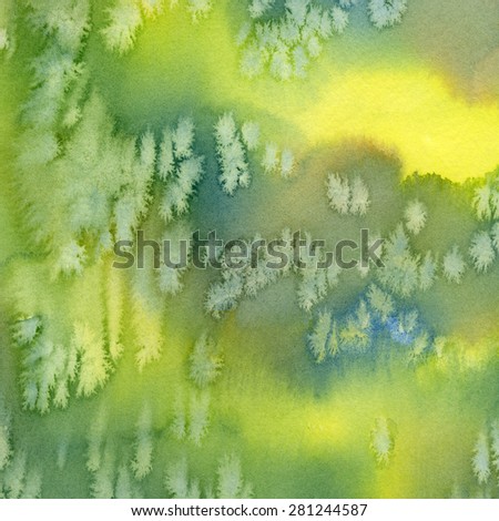 Blue, Green, Yellow Abstract Watercolor Design 1. Watercolor abstract painting with textures, bright colors of yellow, green, blue green, in a square design.