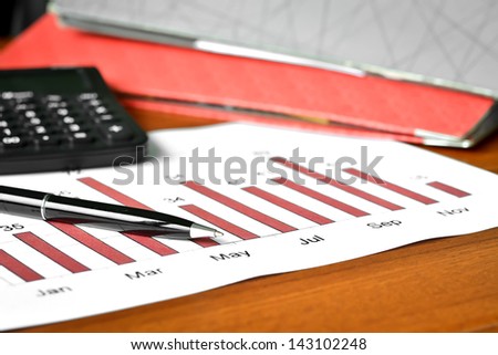 Bar graph data with calculator and ballpoint pen