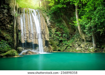 Erawan waterfall in tropical for rest of national park, Thailand