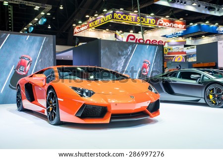 BANGKOK - April 5, 2015 : Lamborghini super car on display at The 36th Bangkok International Motor show on April 5, 2015 in Bangkok, Thailand.