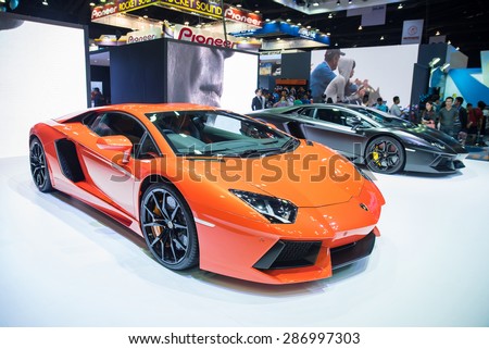 BANGKOK - April 5, 2015 : Lamborghini super car on display at The 36th Bangkok International Motor show on April 5, 2015 in Bangkok, Thailand.