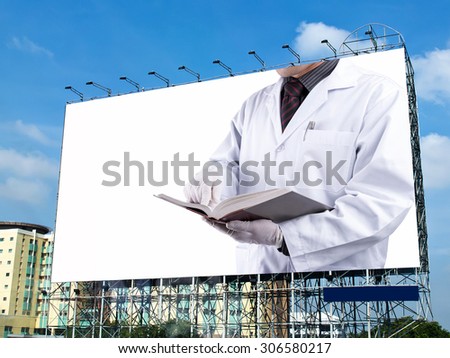 doctor holding text book on billboard with white space