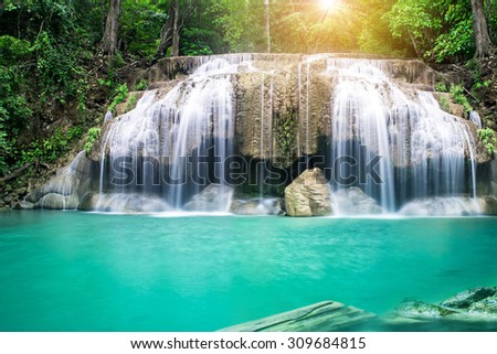 Erawan waterfall in tropical forest, Thailand