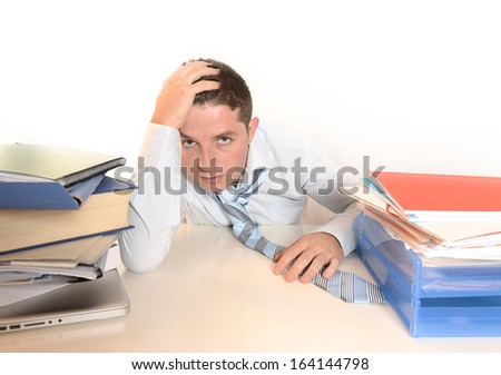 Overwhelmed Stressed student or Businessman with necktie and books