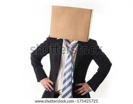 Business man in messy suit with carboard box on his head isolated on white background