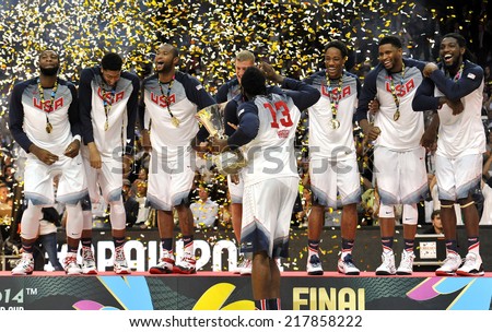 MADRID, SPAIN - September 14th 2014 :  USA team celebrates Gold Medal at the podium after defeating Serbia in Final game of FIBA BASKETBALL WORLD CUP 2014 at Palacio de los Deportes Arena