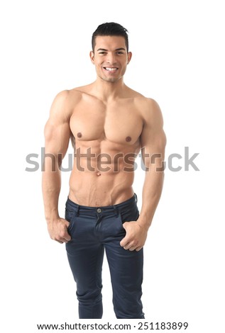 young sexy and attractive man with naked torso and ripped six pack abdomen posing cool in fashion model macho style and bodybuilding and fit body concept