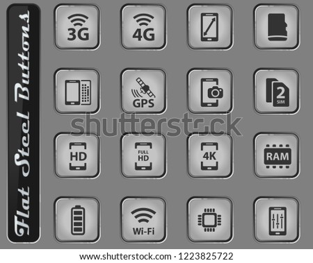 Mobile or cell phone, smartphone, specifications and functions vector web icons on the flat steel buttons