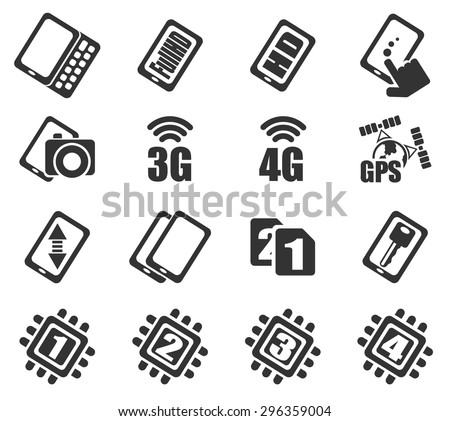 Mobile or cell phone, smart-phone,  specifications and functions icons set