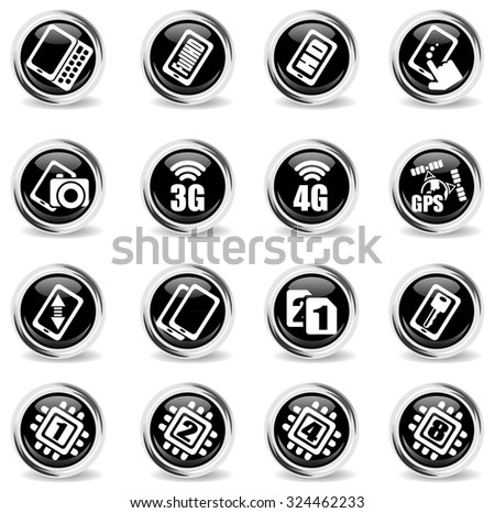 Mobile or cell phone, smartphone,  specifications and functions icons set