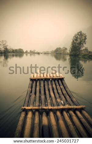 China Guilin Yangshuo bamboo rafting in the beautiful 