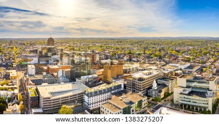 Aerial panorama of Allentown, Pennsylvania skyline on late sunny afternoon. Allentown is Pennsylvania's third most populous city. Foto stock © 