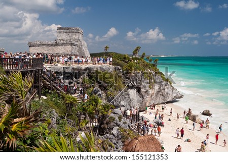 TULUM, MEXICO - FEBRUARY 22: Ancient Mayan Ruins near the Caribbean sea on February 22, 2012 in Tulum, Mexico.