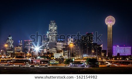 DALLAS, USA - OCTOBER 23: Dallas skyline by night with the Bank of America and Reunion Tower among other skyscrapers on October 23, 2013 in Dallas, USA.
