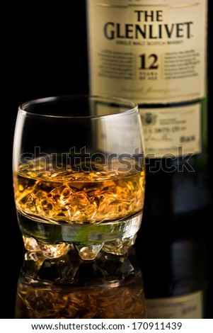 CHATHAM, NJ - JANUARY 12, 2014: A Glass of Glenlivet single malt scotch whisky. The Glenlivet brand is the biggest selling single malt whisky in the USA and the 2nd biggest globally.
