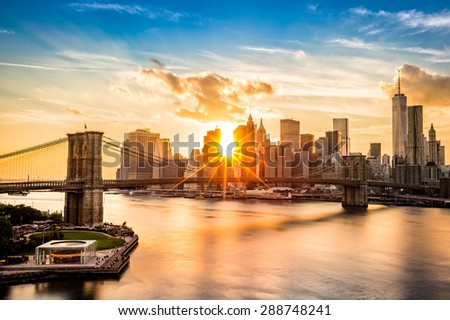Brooklyn Bridge and the Lower Manhattan skyline at sunset, as viewed from Manhattan Bridge