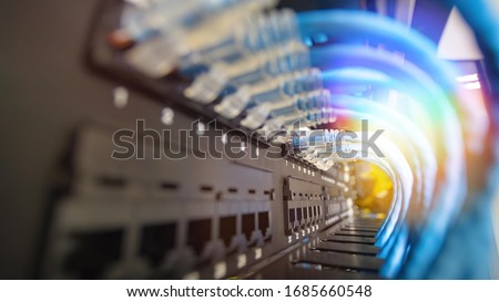 Network cable system in network rack Imagine de stoc © 