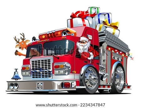 Cartoon retro Christmas firetruck, Santa and reindeer. Available eps-10 vector format separated by groups and layers for easy edit