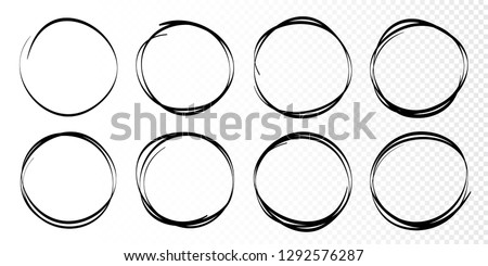 Hand drawn circles sketch frame set. Rounds scribble line circles. Doodle circular logo design elements.  Vector illustrations.