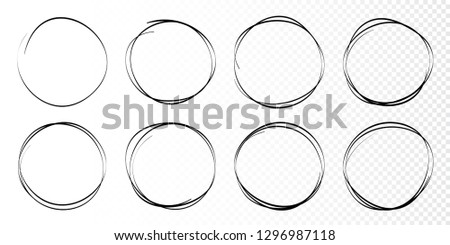 Hand drawn circles sketch frame set. Rounds scribble line circles. Doodle circular logo design elements.  Vector illustrations.