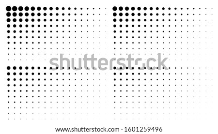 Set of corner gradient halftone dots backgrounds. Horizontal templates using halftone dots pattern. Vector illustration