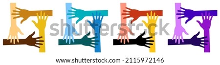 Hands logo. Colorful four hands icon set. Volunteer emblem. Vector Illustration