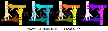 Bright Hands logo. Colorful four hands icon set. Volunteer emblem. Vector Illustration