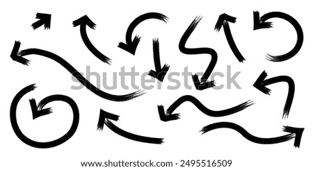 Set of hand drawn brush stroke bold arrows. Collection of doodle thick arrows in different directions. Vector illustration.