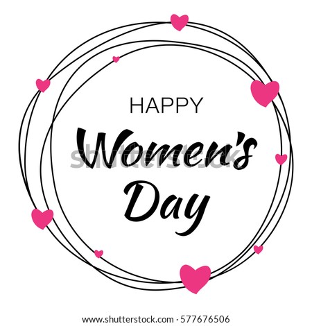 Happy Womens Day hand drawn typographic lettering with scribble circle isolated on white background with pink hearts flower. Vector Illustration of a Women's Day card.