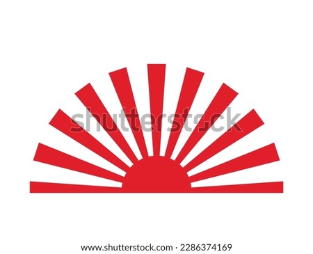 Japanese red rising sun symbol isolated on a white background, flat vector illustration, rays pictogram