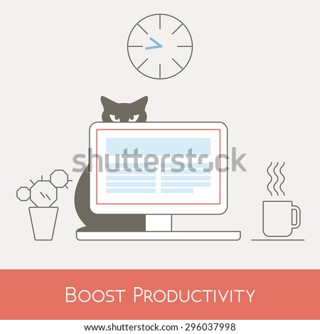 Boost Work Productivity at Office Desk Computer, Line Vector Illustration