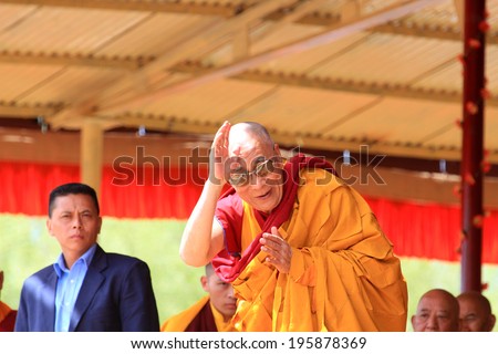 LEH, INDIA - AUGUST 5, 2012: His Holiness the 14th Dalai Lama gives teachings on August 5, 2012 at Shewatsel Grounds, Leh, Jammu and Kashmir, India.