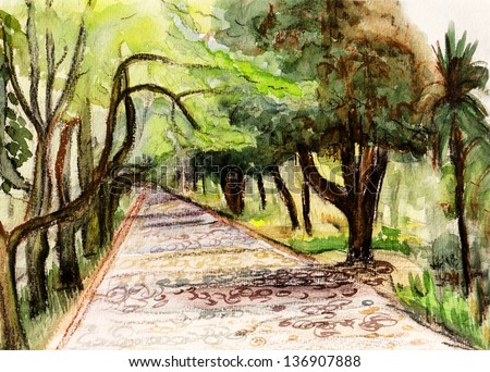 Shady parkway with high subtropical trees, Batumi
